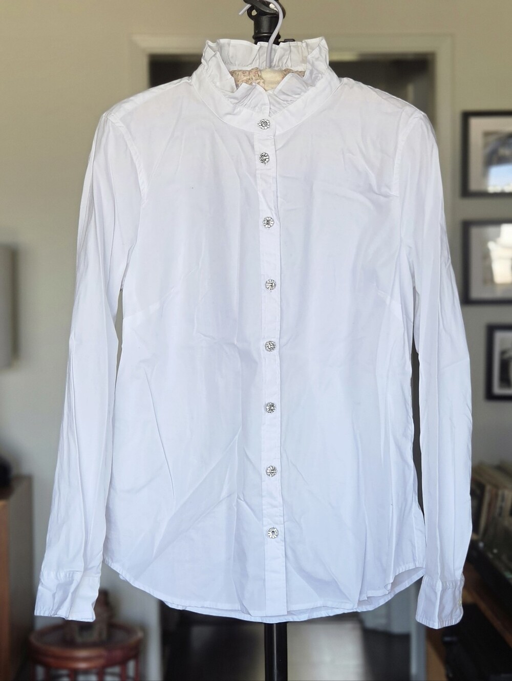 J. Crew White Ruffle Neck Cotton Poplin Button-Down Shirt With Jewel Buttons
